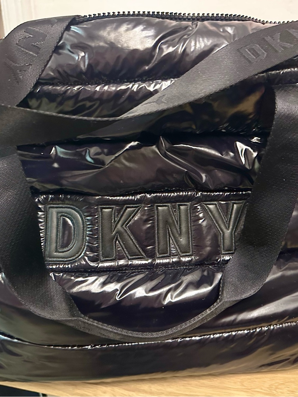 DKNY Shiny Black Quilted Logo Tote